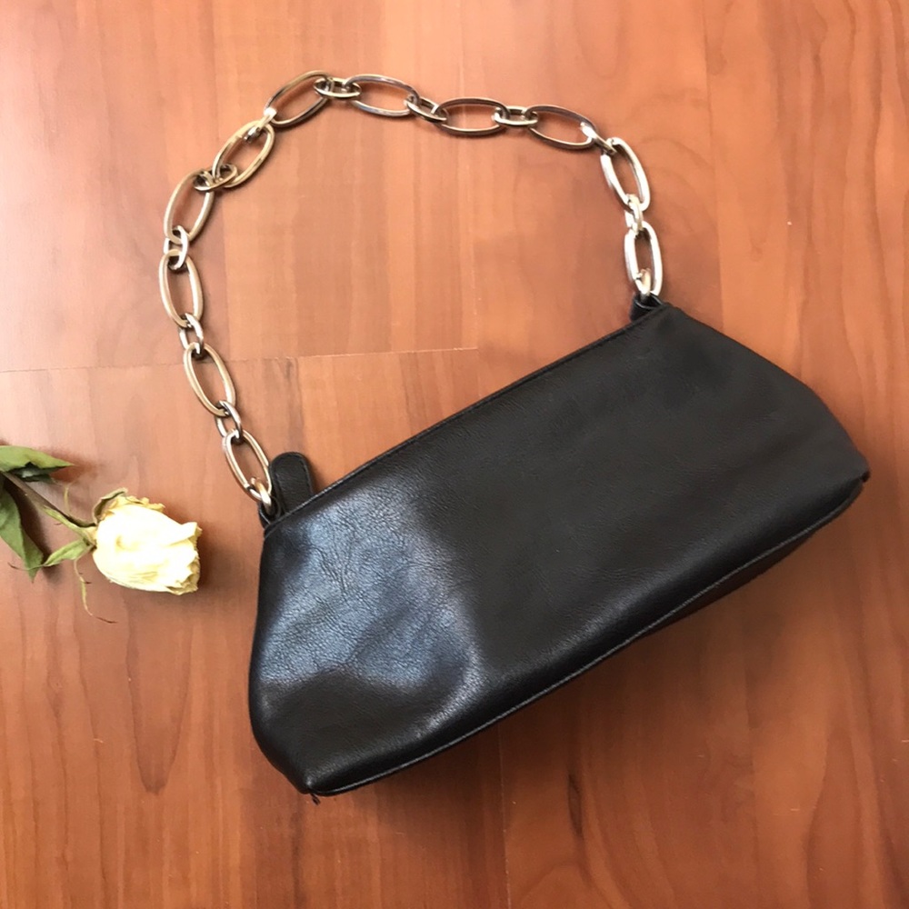 small black purse with silver chain